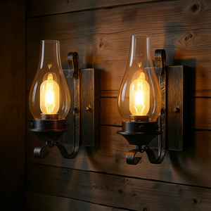 Rustic Farmhouse Wall Sconces Set 2 Black Gold Iron Clear Glass Shade Hardwired <b>LED</b> E26 2700K Warm White <b>Light</b> - Product Image 2