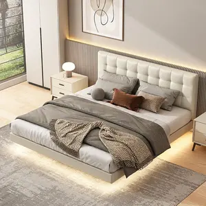 Modern Latest Design Up-holestered Floating King Bed Frame Bed Bedroom Furniture Genuine White Leather Double Bed