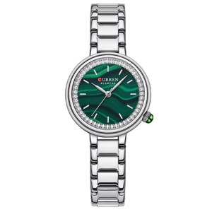 Montre élégante pour femme en gros, à quartz, avec cadran à motif malachite verte, lunette en cristal, bracelet en acier inoxydable, étanche - Product Image 4