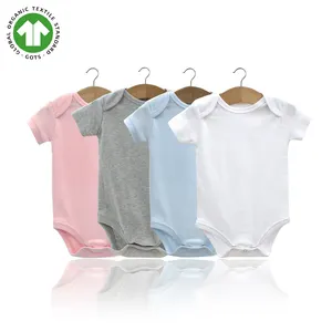 Grosir 100% Katun Organik GOTS Tersertifikasi Biru Pink Abu-abu Putih Rajutan Onesie Baju Monyet Bayi Bodysuits Baru Lahir untuk Bayi