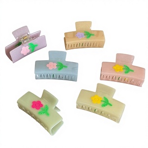 Pince à cheveux carrée artisanale en cristal d'acide acétique, motif fleur, petite et mignonne, accessoire pour cheveux - Product Image 1