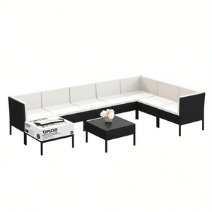 Ensemble salon de jardin noir et blanc crème 6 places en rotin, mobilier d'extérieur design contemporain - Product Image 1