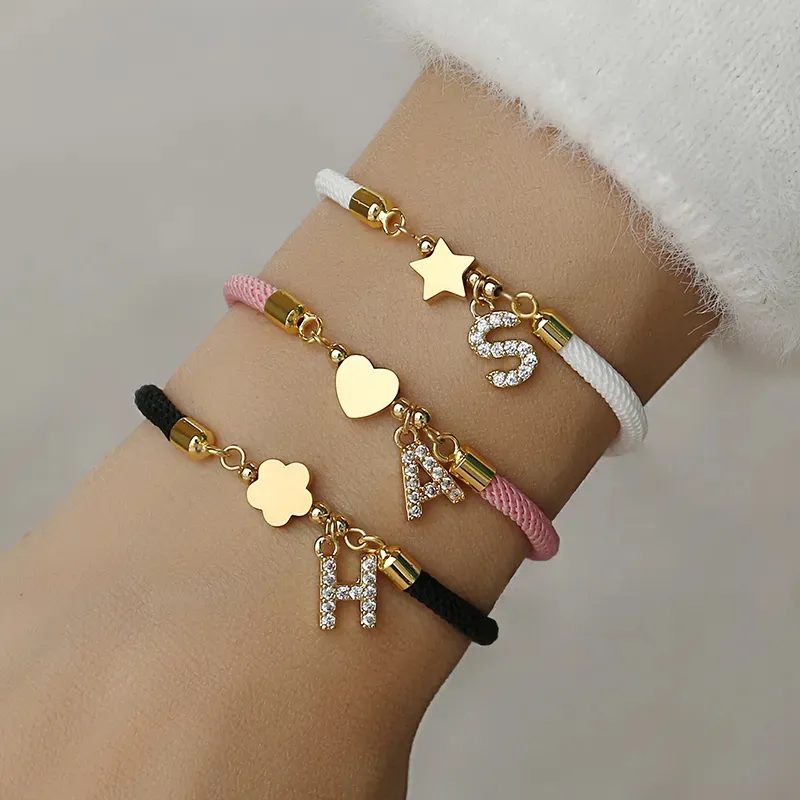 Trendy Pave Cubic A-Z Initial Letter Women Bracelet Star Heart Flower Adjustable Rope Bracelet For Women Jewelry Gift