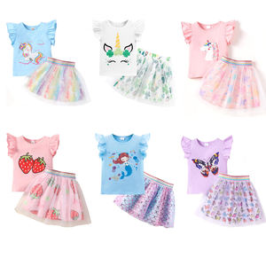 Ensemble jupe en tulle pour filles, deux pièces, t-shirt licorne à manches bouffantes, robe tutu, tenue de fête d'anniversaire d'été, 2-10 ans - Product Image 1