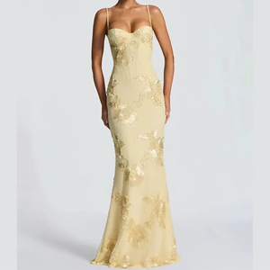 Vestido de Noche Maxi de Diseño con Flores Bordadas, sin Mangas, con Espalda Descubierta, Cintura Natural y Cola de Sirena para Mujer - Product Image 1