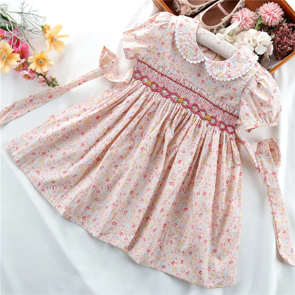 smocked girl dress floral flower baby dresses handmade summer christmas wholesale kids clothes boutiqus c91120545