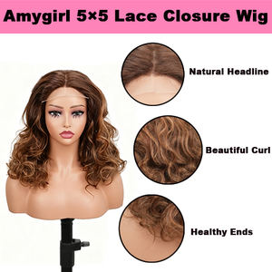 Pelucas de Cabello Humano Remy Indio 100% con Frente de Encaje 5x5, Estilo Bob Rizado, Color Natural Personalizable, Sin Pegamento, Encaje Transparente, Venta al Por Mayor Amygirl - Product Image 4