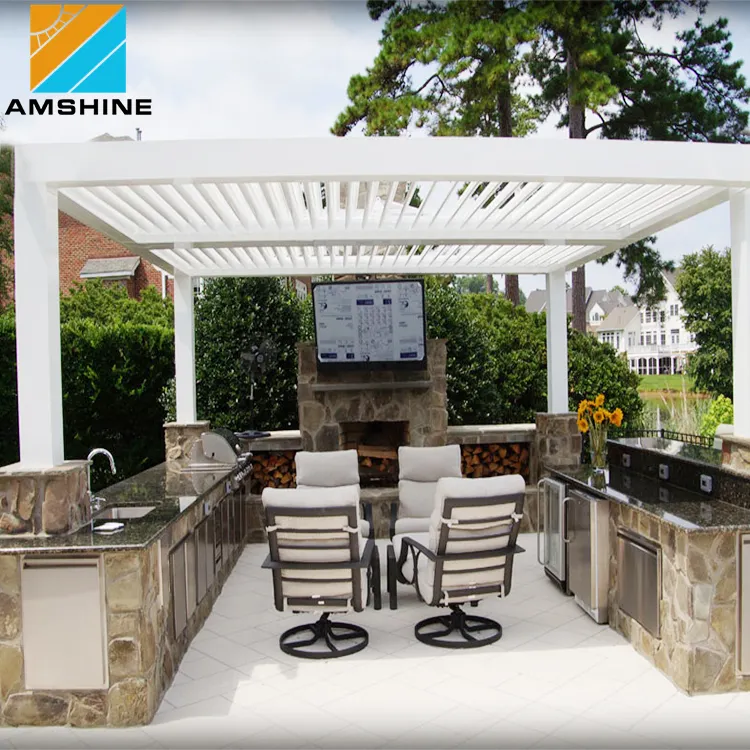 Opening Louver Roof Motorized Sunshade Garden Aluminium Gazebo Patio Cover Outdoor Adjustable Louvered Pergola With Side Curtain