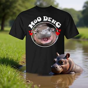 T-shirt Moo Deng Baby Hippo noir unisexe taille adulte grande taille motif animal amusant - Product Image 3