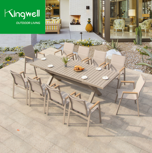 Design moderno esterno in alluminio Set da pranzo Patio balcone mobili da caffè <span class=keywords><strong>con</strong></span> tavolo da pranzo in legno e 6 <span class=keywords><strong>sedie</strong></span> per uso ristorante - Product Image 2