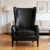 Fauteuil classique en cuir noir à dossier haut, design vintage, confortable, pour salon, bureau ou salle d'étude