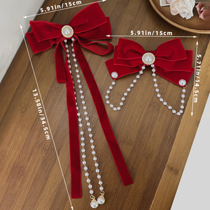Jepit Rambut Kain Pita Merah Elegan dengan Rantai Mutiara, Pita Kristal Vintage, Jepit Rambut Wanita untuk Pesta Pernikahan, Pengantin, Buatan Tangan Berkualitas Tinggi - Product Image 4