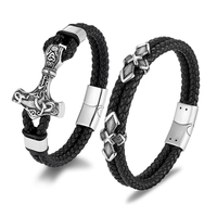 Bracelet en cuir tressé argenté en acier inoxydable 316L, double brin, fermoir à crochet, cordon noir, nœud rond, bijoux pour hommes, OEM personnalisé