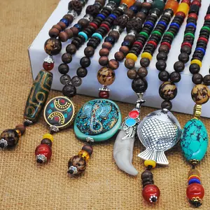 Thailand boho fashion women jeweley long necklace wooden beads lucky money Elephant charm sweater chain man necklace