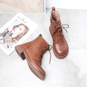 Botas de Mujer para Otoño/Invierno, Estilo Retro Británico, de Cuero Vacuno Genuino, Cómodas, Transpirables, con Cordones y Cierre, Punta Redonda, para Primavera - Product Image 2