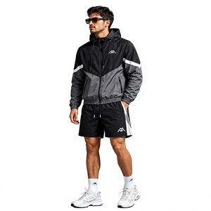 Mens Windbreaker Tracksuit Short Set Water Repellent Lightweight Breathable Hoodie <b>Jacket</b> and Shorts for Running Walking - Product Image 1