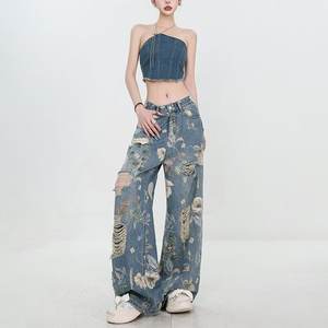 Cross-Border Wholesale American Street Style Printed Jeans Women Trendy Loose Fit Versatile Design High Street <b>Boot</b> Cut Wide-Leg - Product Image 6