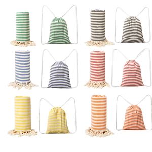 Özel Logo kum ücretsiz pamuk türk püskül çizgili plaj havlusu seti çanta ile kompakt - Product Image 3