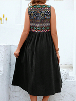 Robe midi bohème sans manches pour femme, imprimé floral géométrique ethnique, col carré, coupe trapèze, idéale pour les vacances
