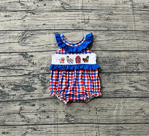 Combinaison sans manches pour bébé fille, motif animaux à carreaux rouges et bleus, vente en gros, ensemble barboteuse pour enfant SR3835 - Product Image 1