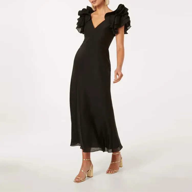 卸売女性のイブニングドレス2024夏のホストセクシーなフリルスリーブディープVネックパーティーバンケットブラックドレス女性用