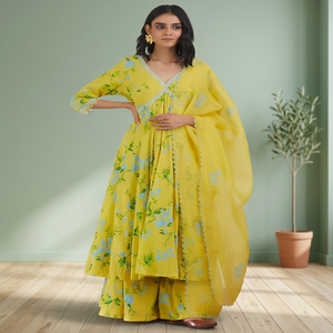 Salwar Kameez en coton imprimé floral jaune pour femmes, style traditionnel indien pakistanais, coupe ample, longueur au sol, décontracté, style estival - Product Image 4
