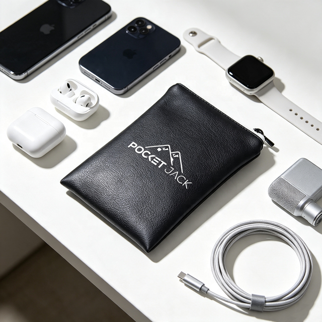 Hot Selling Black Faux Pu Leather Phone Accessories Zipper Packing Pouch Bag