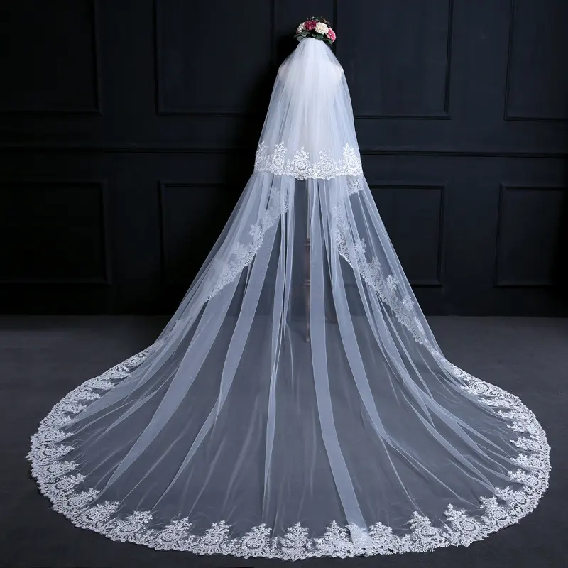 لوكسين بسعر الجملة طبقتين عاجي حجاب زفاف مطرز حجاب زفاف دانتيل حافة حجاب