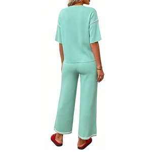 Women's 2-Piece <b>Knit</b> <b>Set</b> - Short Sleeve Contrast Trim Top & Drawstring Wide Leg Pants Outfit Womens Clothes <b>Sets</b> Fashion - Product Image 4