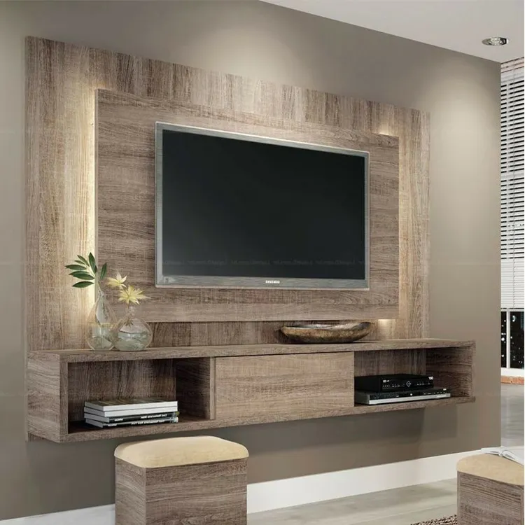Moderne Home Hotel schwimmende Holz TV-Schränke Möbel Designs Wohnzimmer LED Beleuchtung Wand Bildschirm TV-Schrank Design