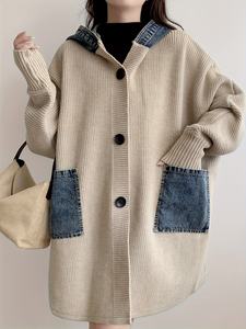 Manteau en jean élégant et décontracté pour le quotidien, long, coupe oversize, à manches chauve-souris, épais, chaud, à capuche, moelleux, boutonné, avec poches, pour l'automne - Product Image 3