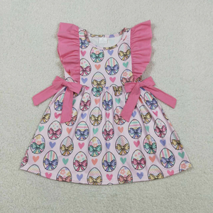 Robe mi-longue pour bébés filles, manches courtes, motifs œufs, nœuds et cœurs, pour Pâques - Product Image 1