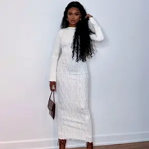 Women Elegant and Chic Naomi Campbell Inspired White Wavy-Textured Dress Design Long Sleeve Sexy Dresses Women Casual Clothing