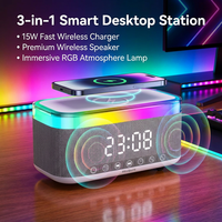 Chargeur sans fil 3 en 1, haut-parleur Bluetooth, charge rapide 15W, lampe RGB, réveil avec alarme lever du soleil, veilleuse colorée pour bureau, cadeau pour enfants et étudiants