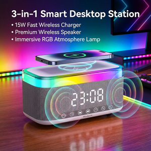 Chargeur sans fil 3 en 1, haut-parleur Bluetooth, charge rapide 15W, lampe RGB, réveil avec alarme lever du soleil, veilleuse colorée pour bureau, cadeau pour enfants et étudiants - Product Image 1