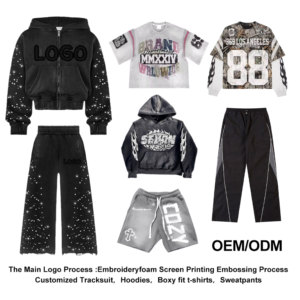 <span class=keywords><strong>Ensemble</strong></span> survêtement <span class=keywords><strong>homme</strong></span> personnalisé OEM : sweat à capuche court et pantalon de jogging évasé avec broderie et impression en relief - Product Image 6