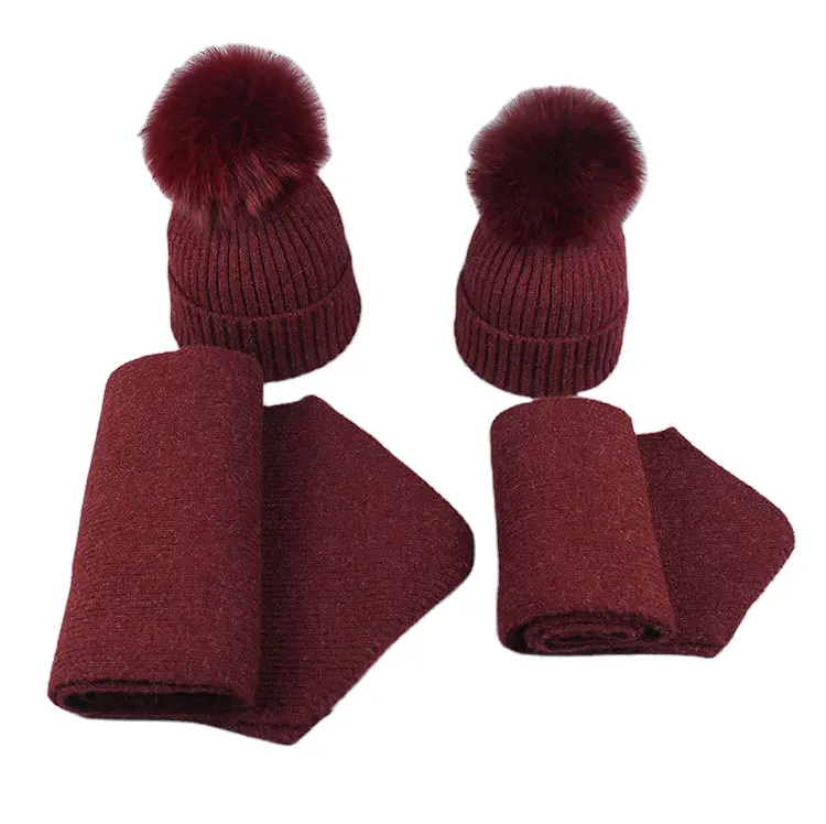 Hot Sale Mode Winter Hüte Real Fox Pelz Pom Balls Abnehmbare Kinder Beanie Hut und Schal Sets