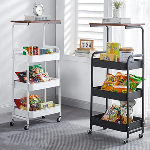 4 Layer Metal Utility Trolley with Wooden Tabletop Multipurpose Rolling <strong>Storage</strong> <strong>Cart</strong> with Casters for Kitchen - Product Image 1