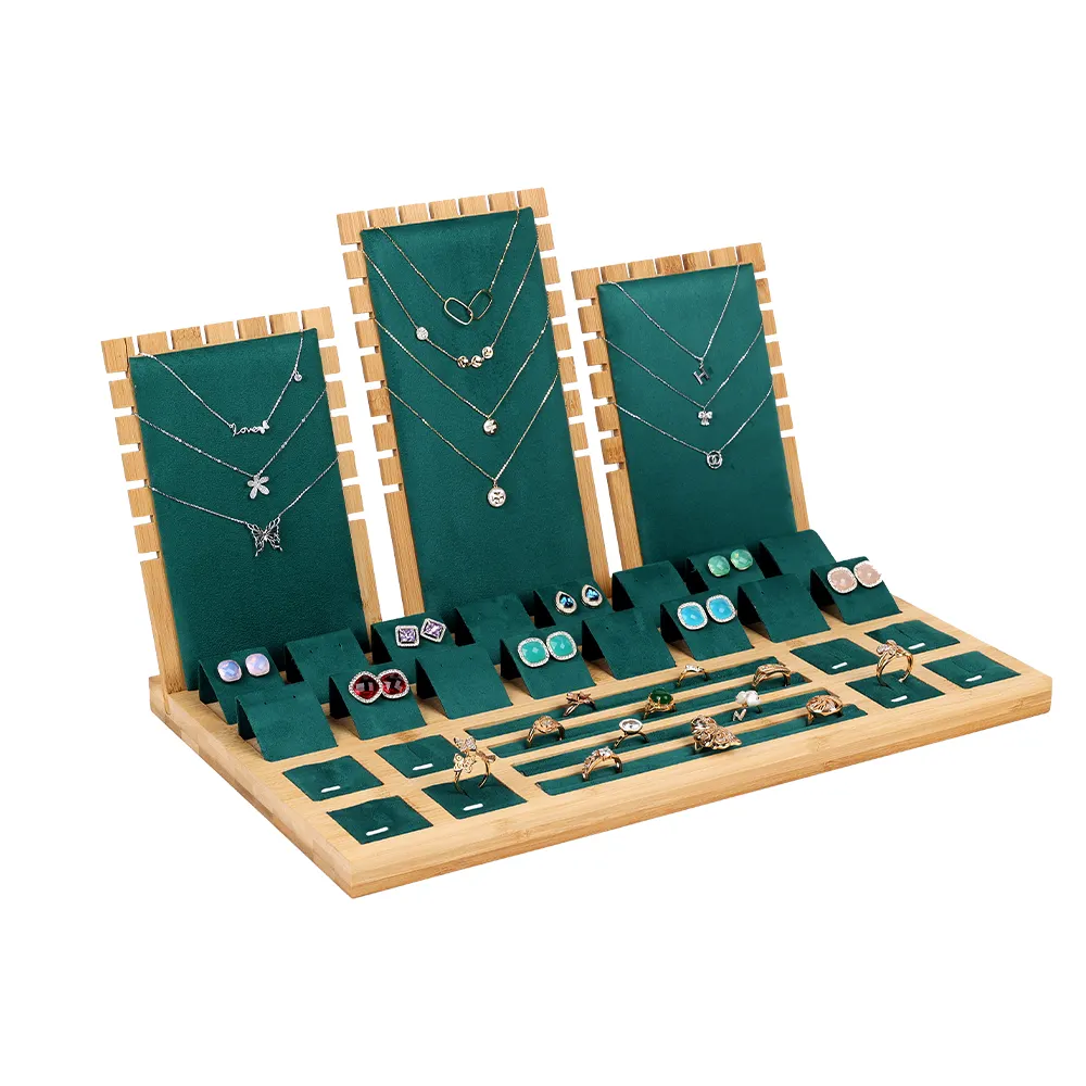 Green Velvet Jewelry Display Stand Set Luxury Bamboo Necklace Earring Jewelry Display Tray For Jewelry Store