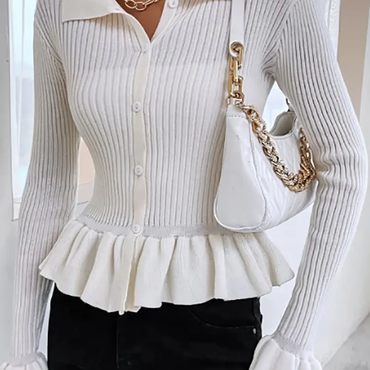 2024 Modern Button Up Causal Shirt Long Flare Sleeve Turn Down Collar Chic Office Lady Women's Blouses Shirts
