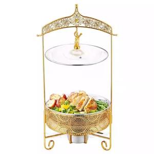 Stainless Steel Gold Round <b>Buffet</b> <b>Warmer</b> With Lace Edge Glass Lid For Hotel Restaurant 3.5L 4.0L 6.0L 8.0L - Product Image 2
