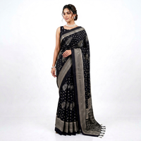 Sari en crêpe noir imprimé numériquement avec bordure grise et motifs de feuilles, tenue de mariage traditionnelle pour femme, longueur au sol, coupe classique, prêt-à-porter