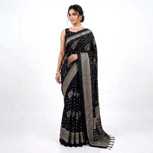Sari de crepé negro con estampado digital, bordes grises y motivos de hojas, ropa tradicional de boda para mujer, largo hasta el suelo, corte regular, listo para usar. - Product Image 1