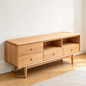 Meuble TV en chêne massif, meuble multimédia en bois, unité de divertissement sur pied avec tiroirs et étagères ouvertes pour salon - Product Image 4