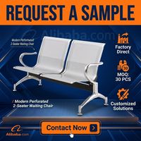 Chaise d'attente aéroportuaire 2 places, siège rembourré en PVC noir, accoudoirs en acier chromé laminé à froid, panneau perforé, vente en gros pour cliniques