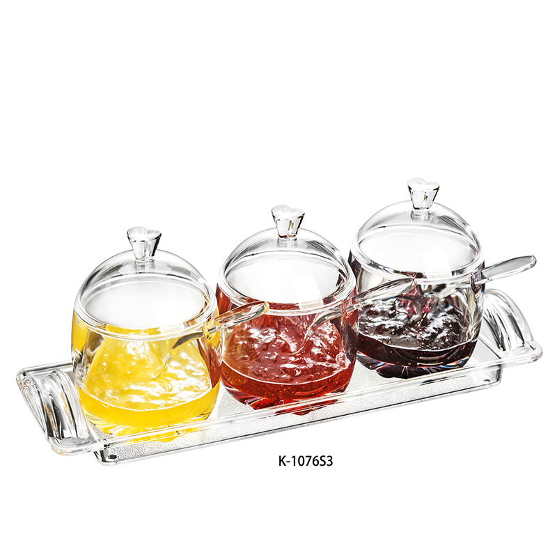 K-1076S3 Set of 3 Acrylic Seasoning Rack Spice Pots Bowls With Spoon and clear Cover - Storage Container