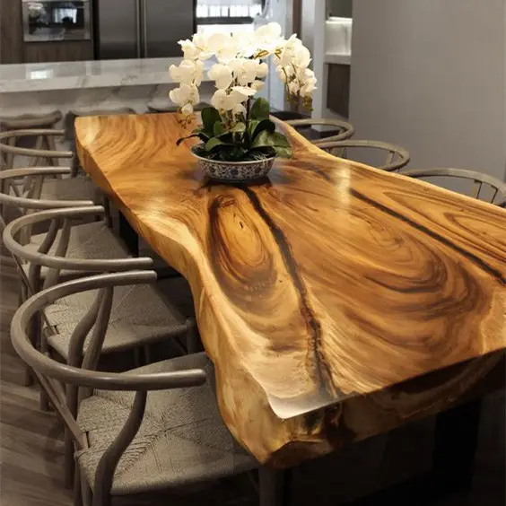 Fournisseur chinois meubles de salle à manger bord naturel rustique Table de restaurant moderne en bois