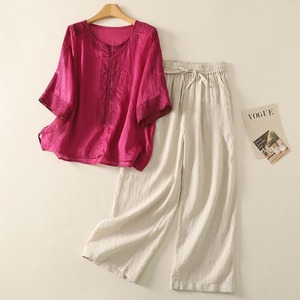 Women Cotton <b>Linen</b> Two Piece <b>Set</b> O Neck Embroidered Loose Fit Wide Leg Pants Breathable Leisure Wear - Product Image 5