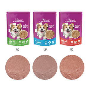 Aperitivo nutritivo para mascotas al por mayor, paquete de comida húmeda de 130g, comida húmeda para perros de todas las edades, bolsa de comida básica para perros con sabor a atún y pato - Product Image 3