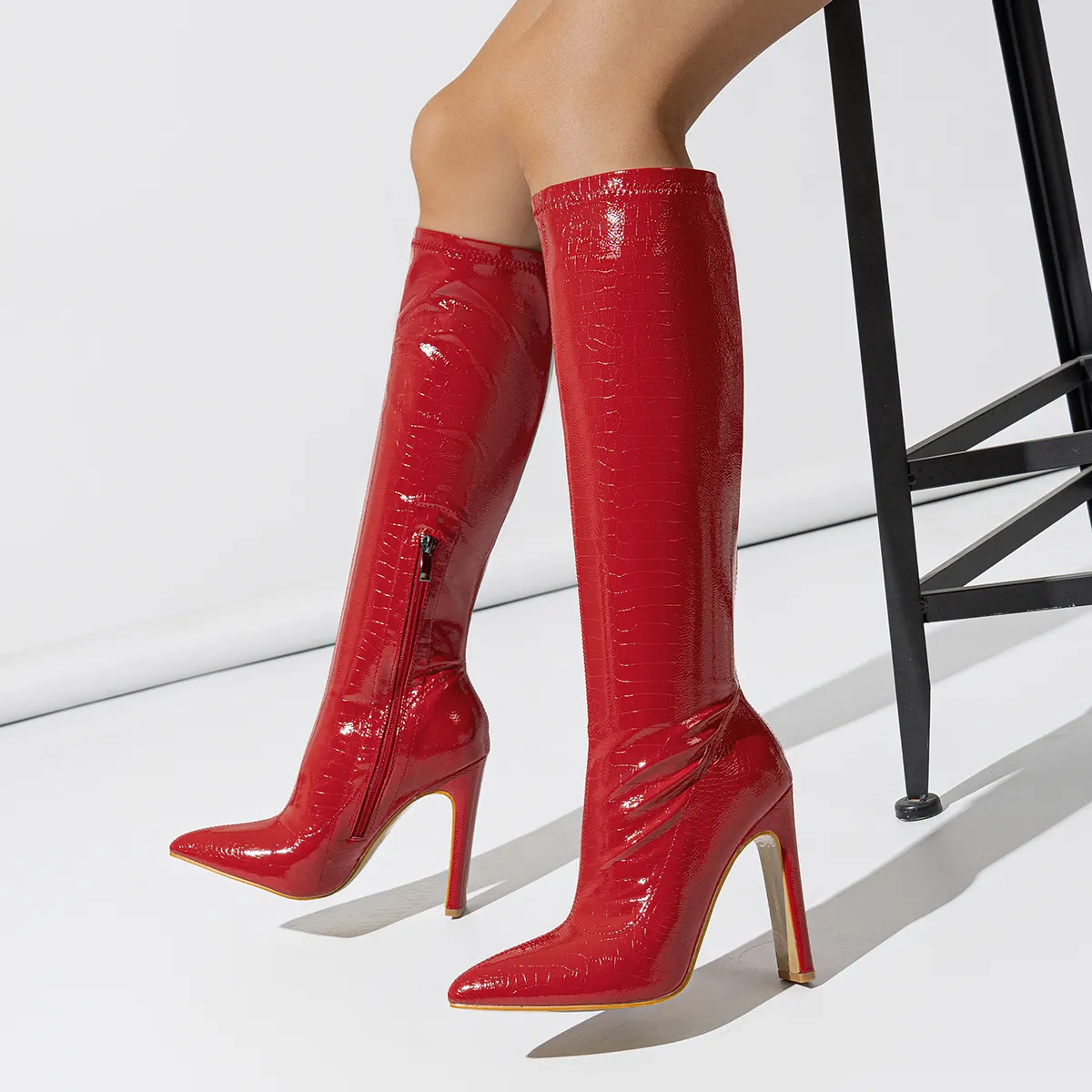 2024 New thick heel mid-leg elastic inner zipper Diamond irregular fashion stone pattern pointed toe women's boots